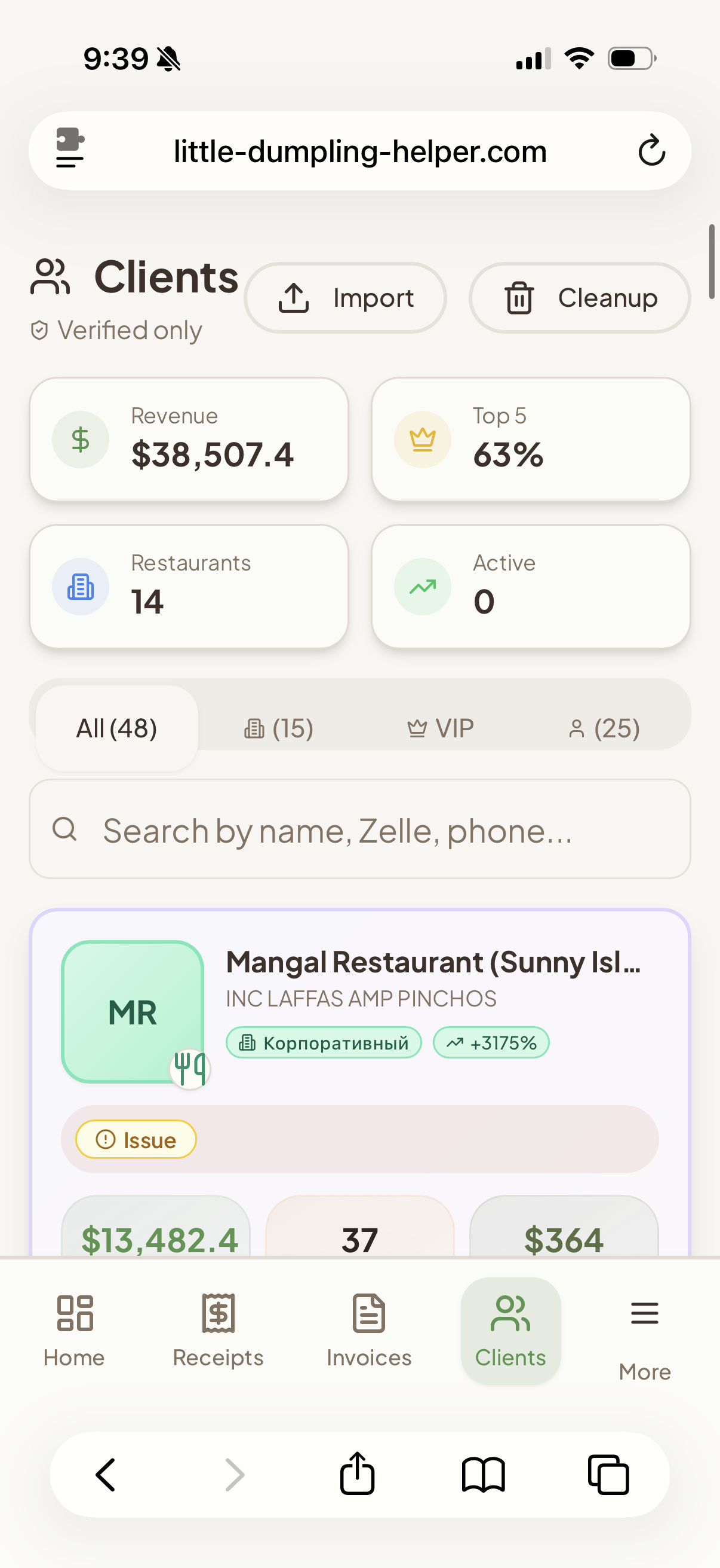 Clients dashboard — $38K revenue, 14 restaurants, filters
