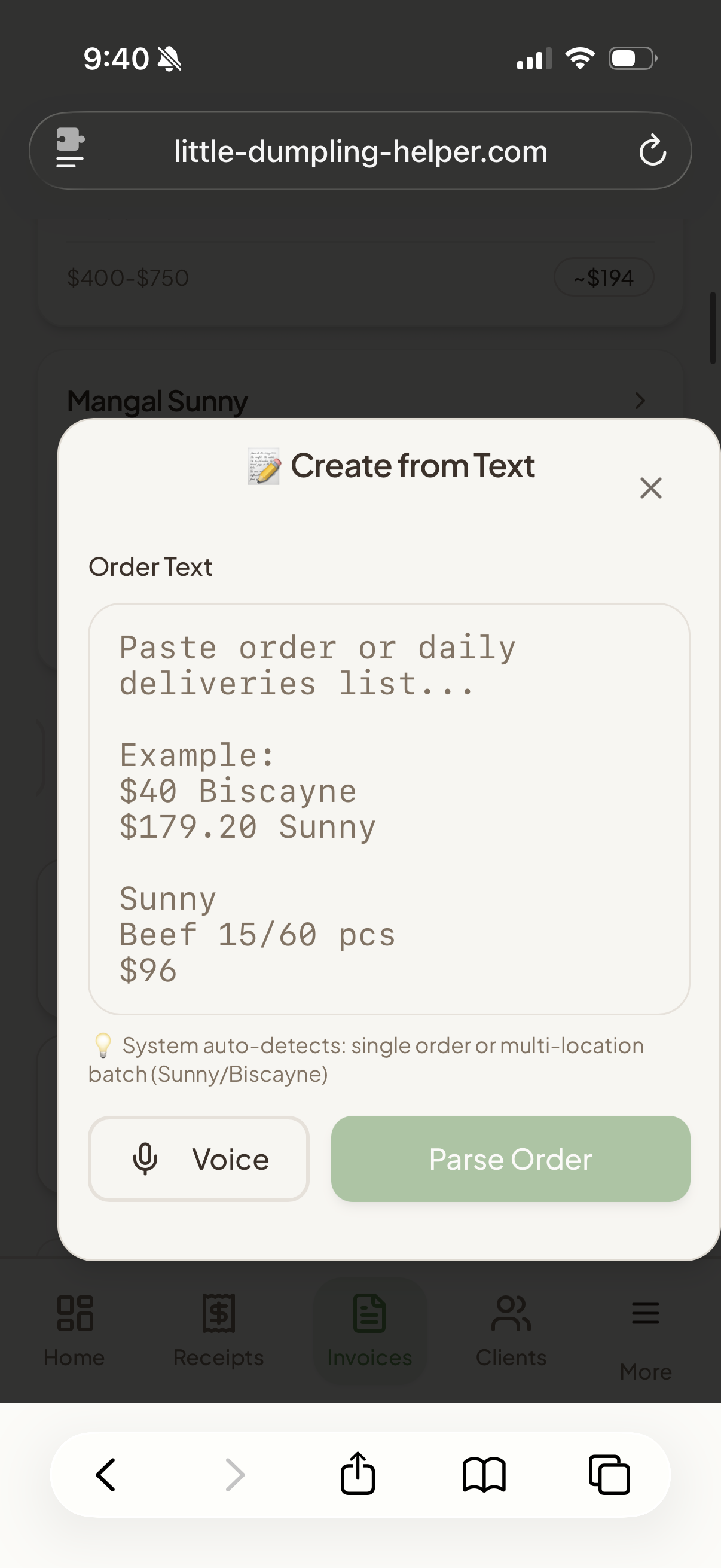 Create invoice from text — paste an order, AI parses it