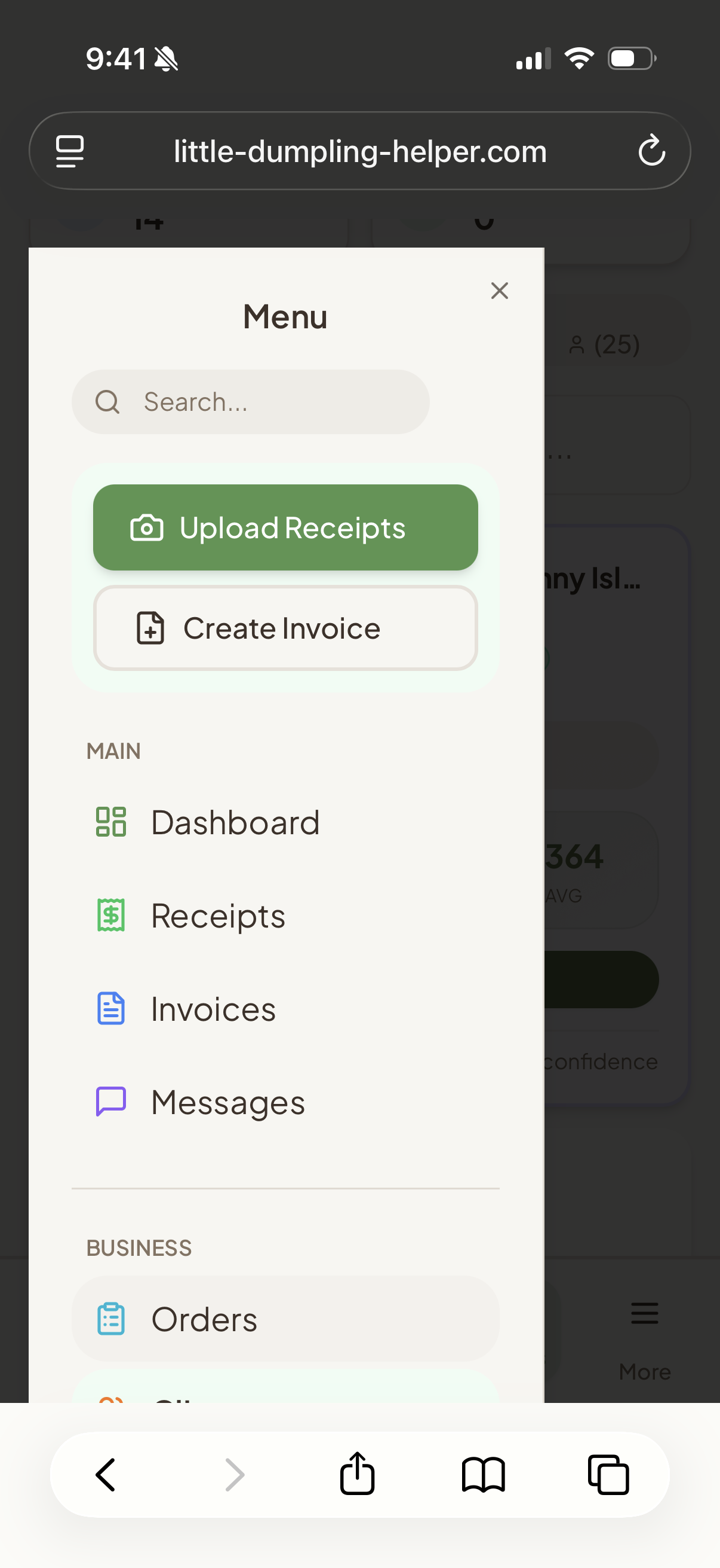 App navigation — Dashboard, Receipts, Invoices, Messages, Orders, Clients